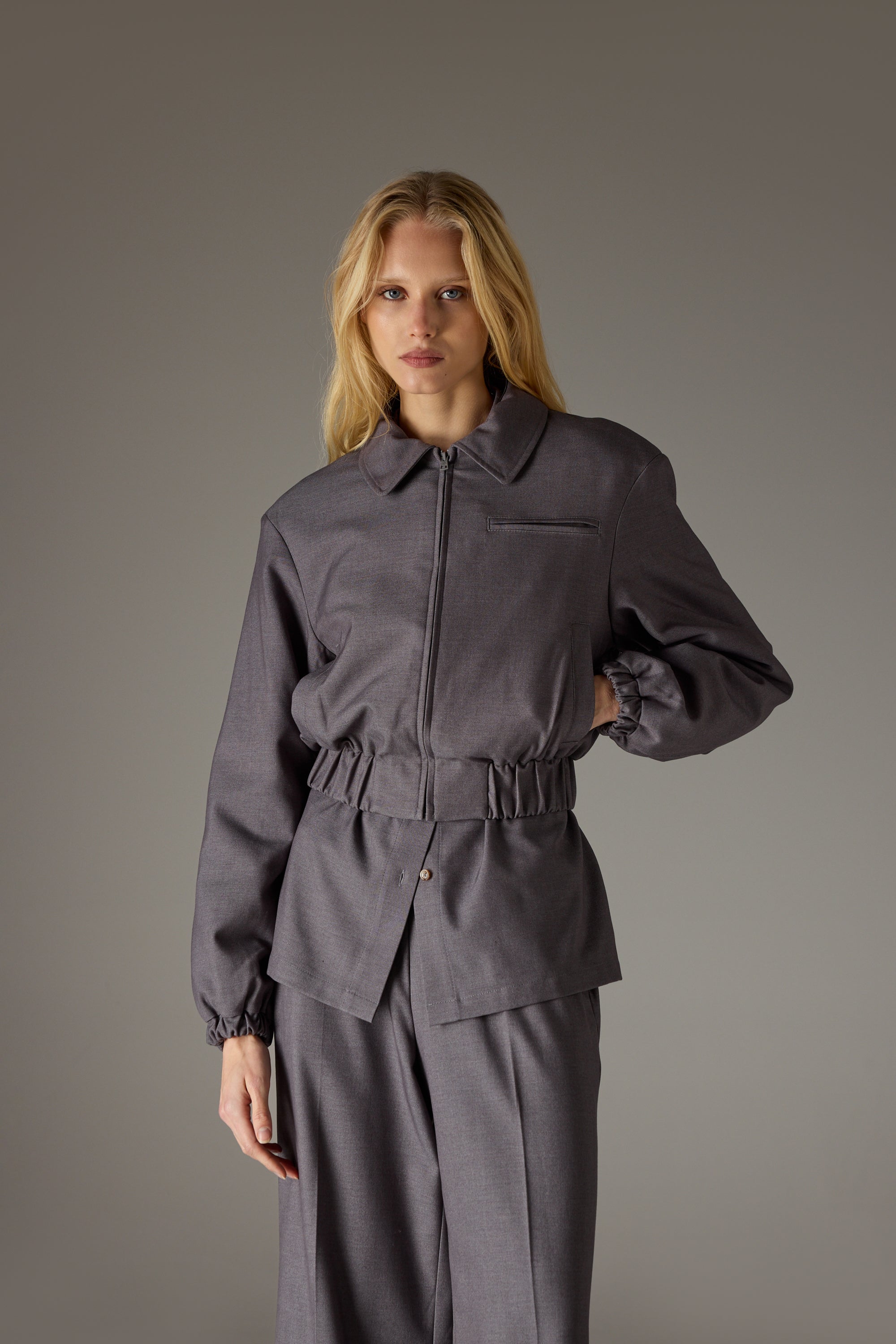 TAILORED SHOULDER PADDED BOMBER JACKET - GREY