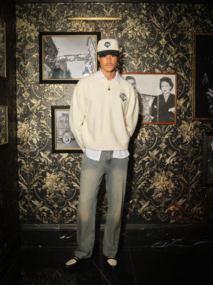 VINTAGE WASHED EMBLEM STRAIGHT LEG JEANS - BLUE WASH