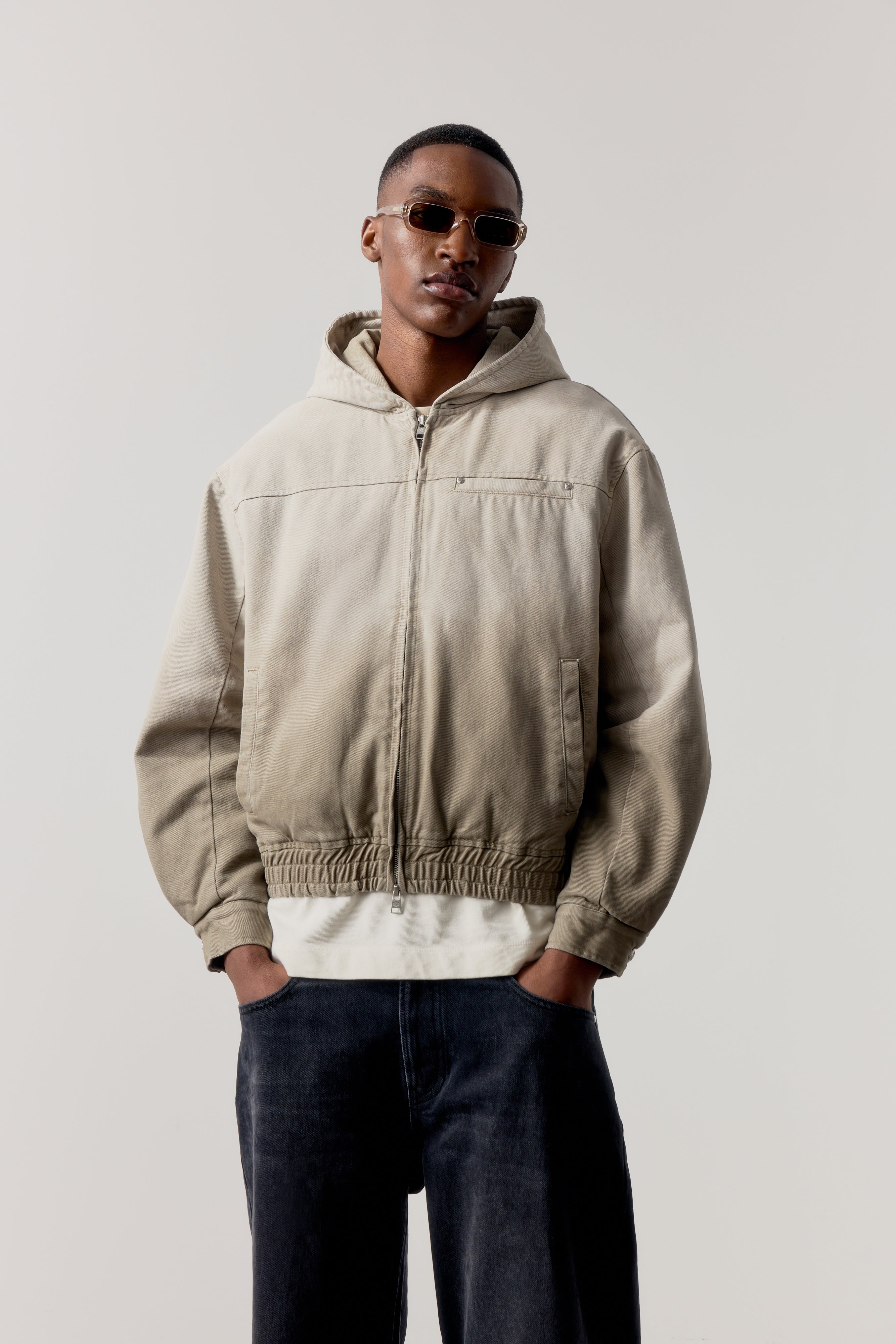 WASHED TWILL HOODED PADDED JACKET - STONE