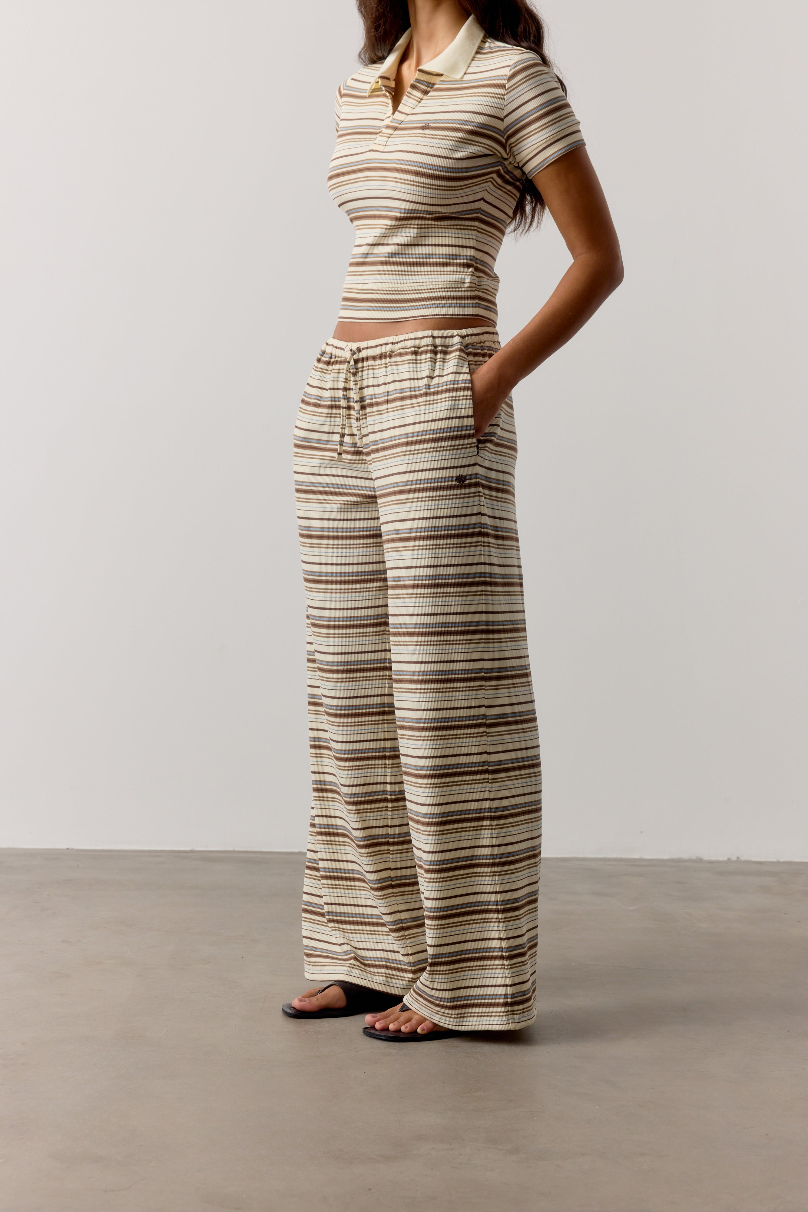 STRIPE WIDE LEG TROUSERS - BEIGE