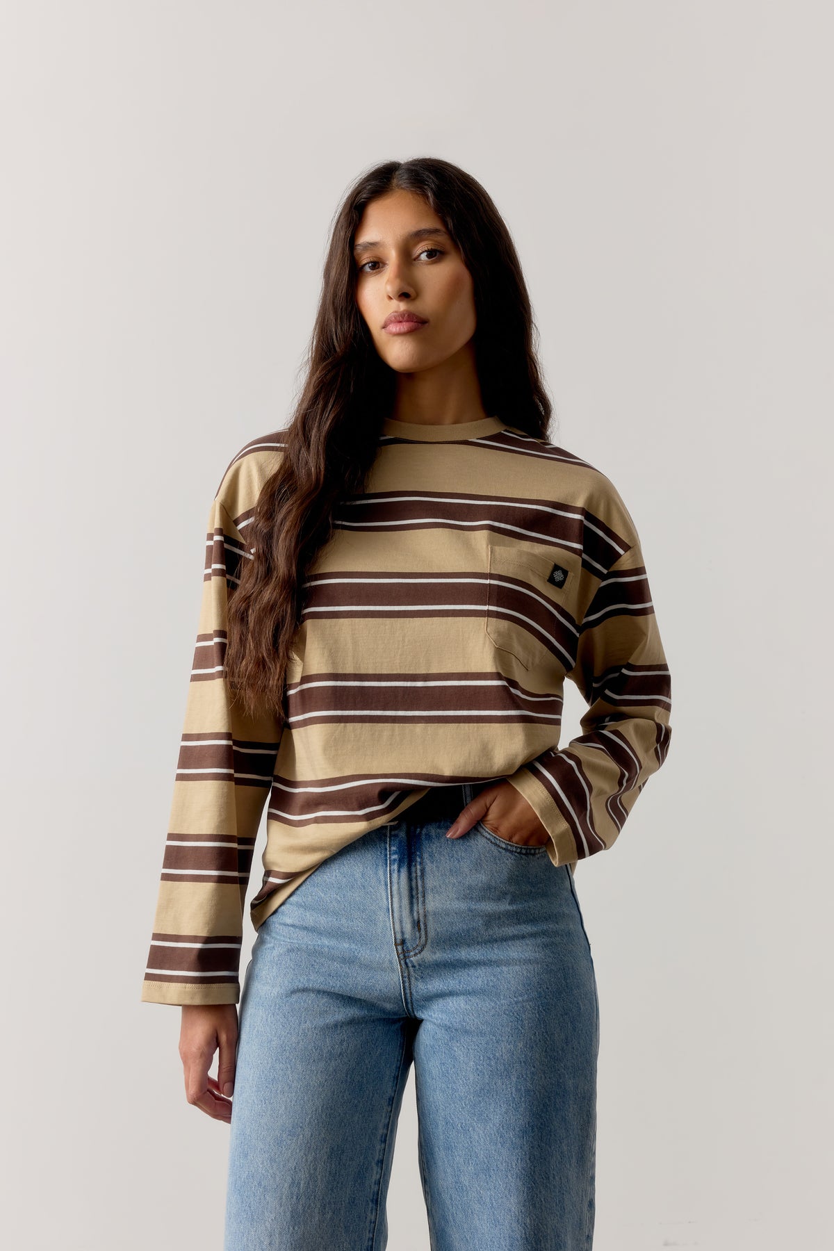 STRIPE POCKET LONG SLEEVE T SHIRT - CHOCOLATE