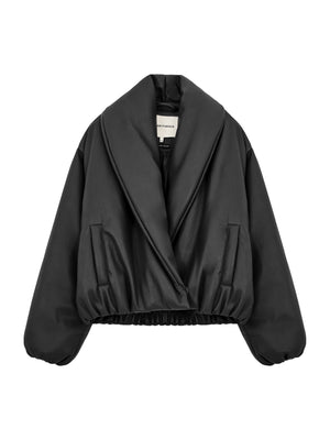 OVERSIZED COLLAR FAUX LEATHER PUFFER COAT - BLACK