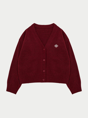 FLUFFY KNIT EMBLEM EMBROIDERED CARDIGAN - BURGUNDY