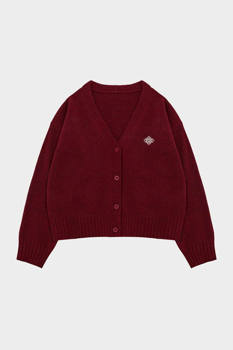 FLUFFY KNIT EMBLEM EMBROIDERED CARDIGAN - BURGUNDY – The Couture Club