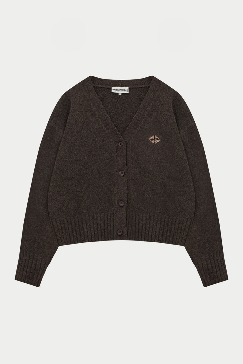FLUFFY KNIT EMBLEM EMBROIDERED CARDIGAN - BROWN – The Couture Club