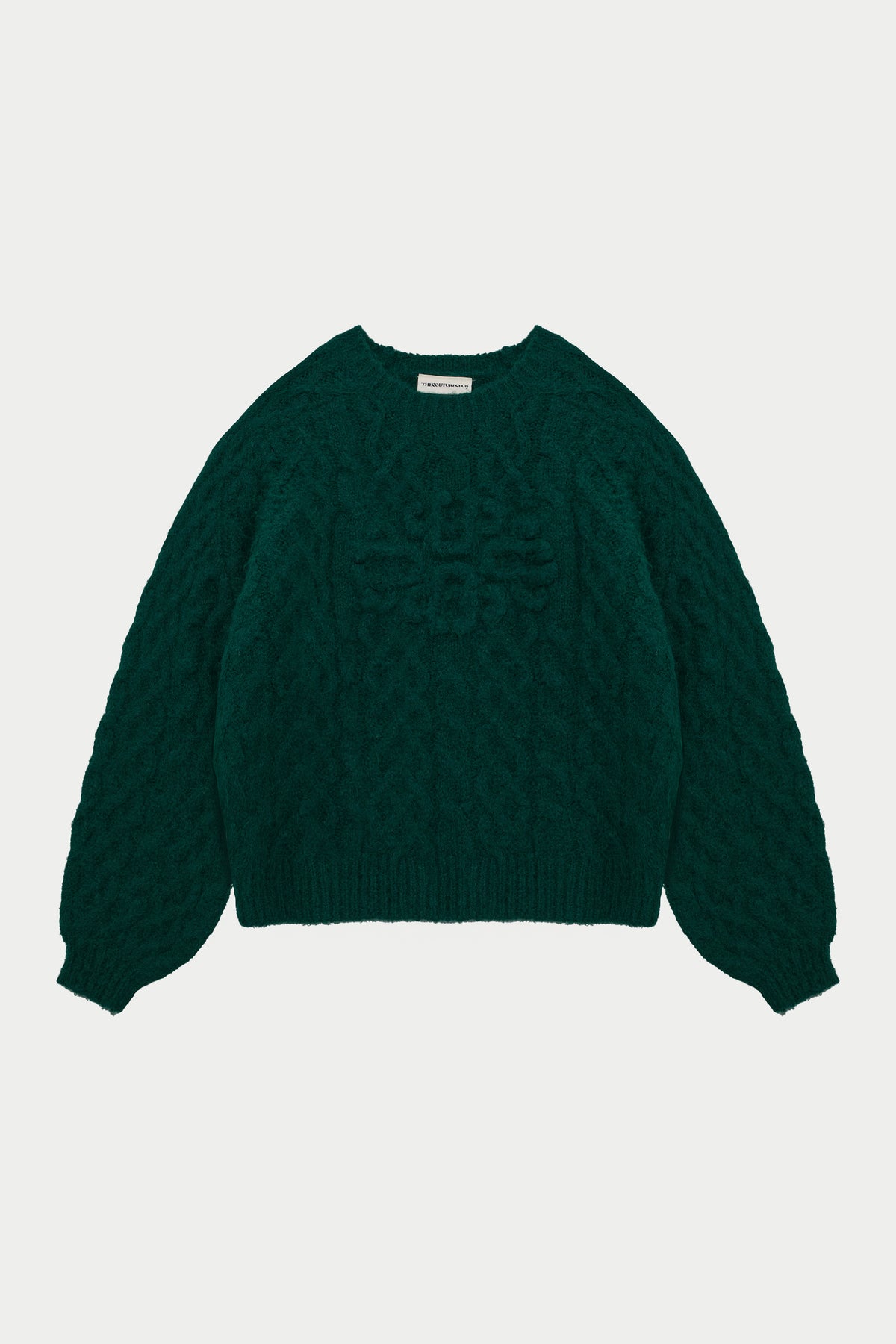 FLUFFY CABLE KNIT EMBLEM JUMPER - FOREST GREEN