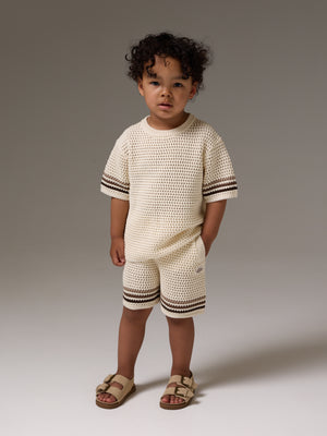 KIDS STRIPE CROCHET KNIT SHORTS - OFF WHITE