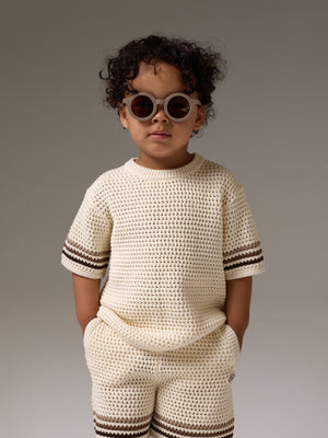 KIDS STRIPE CROCHET KNIT T-SHIRT - OFF WHITE
