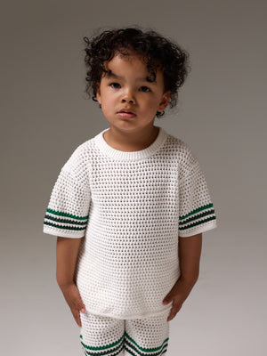 KIDS STRIPE CROCHET KNIT T-SHIRT - WHITE