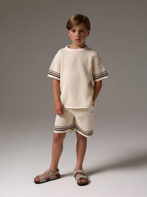 JUNIOR STRIPE CROCHET KNIT SHORTS - OFF WHITE