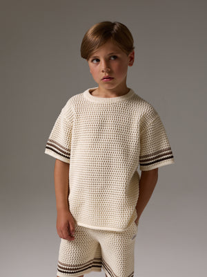 JUNIOR STRIPE CROCHET KNIT T-SHIRT - OFF WHITE