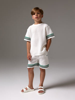 JUNIOR STRIPE CROCHET KNIT SHORTS - WHITE