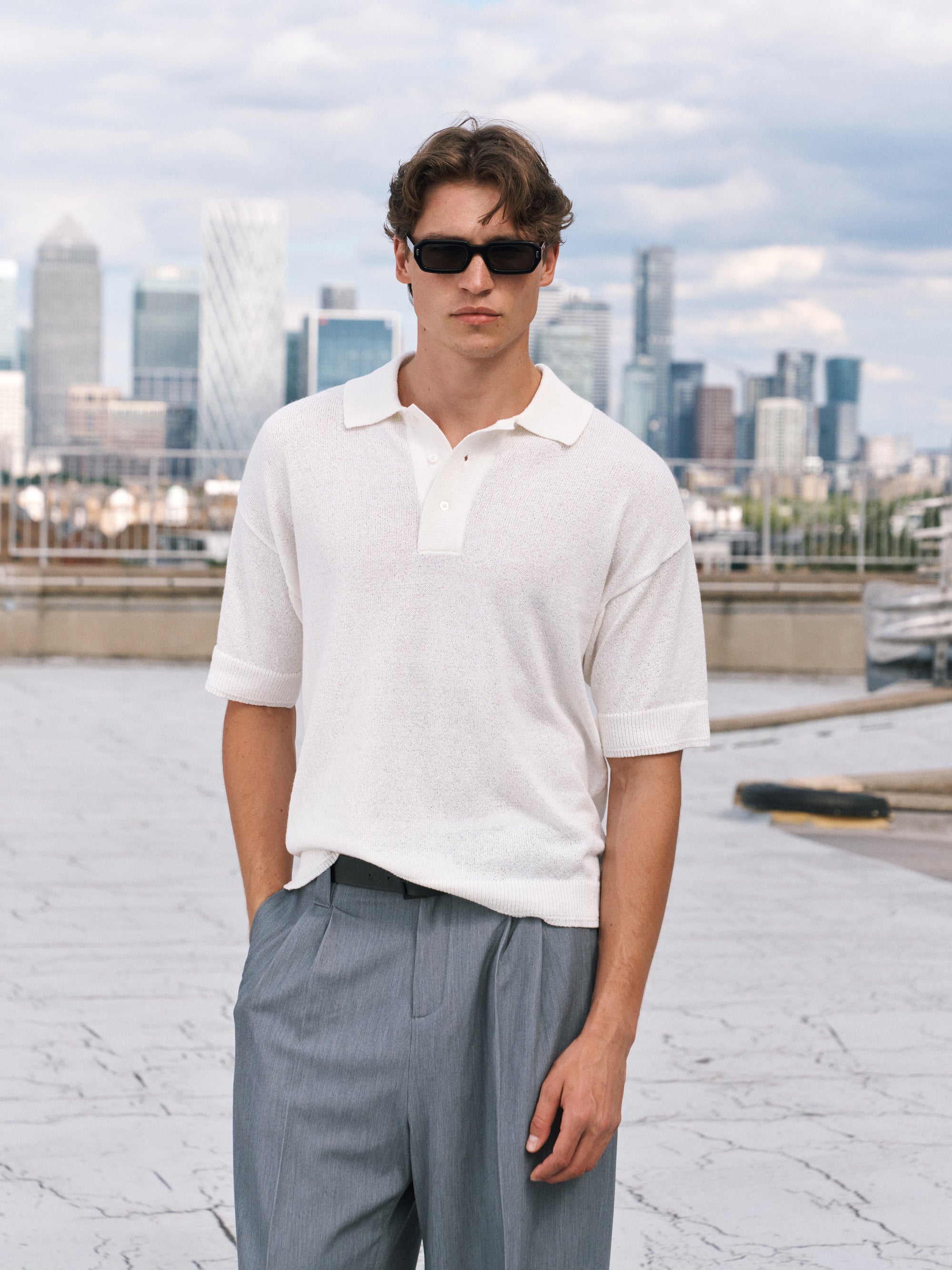 FINE GAUGE KNITTED SHORT SLEEVE POLO - WHITE