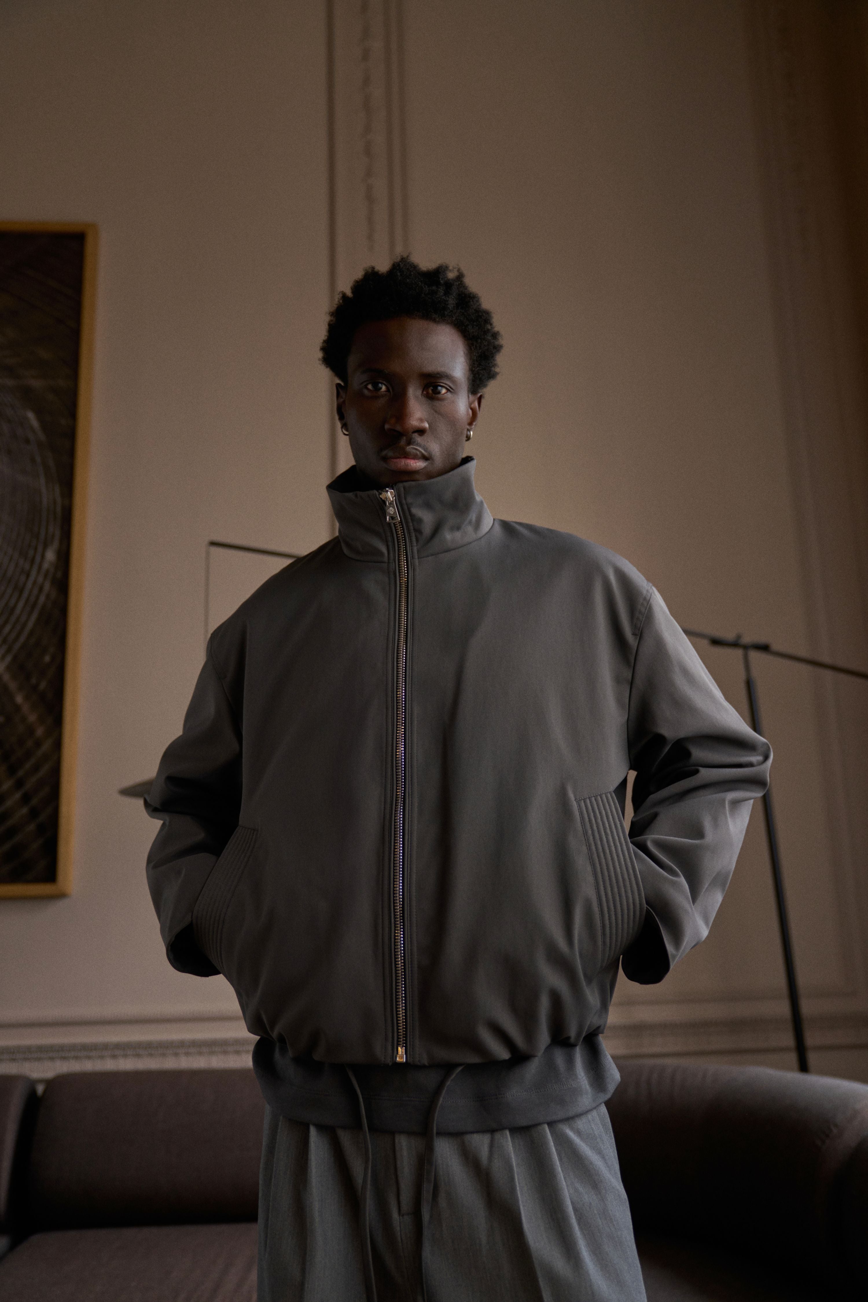 FUNNEL NECK HARRINGTON JACKET - CHARCOAL