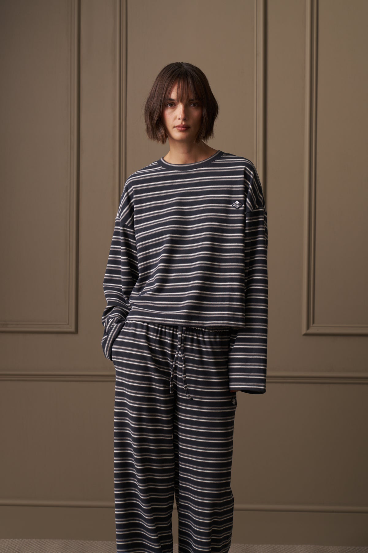 STRIPE FLEECE LONG SLEEVE T-SHIRT - CHARCOAL
