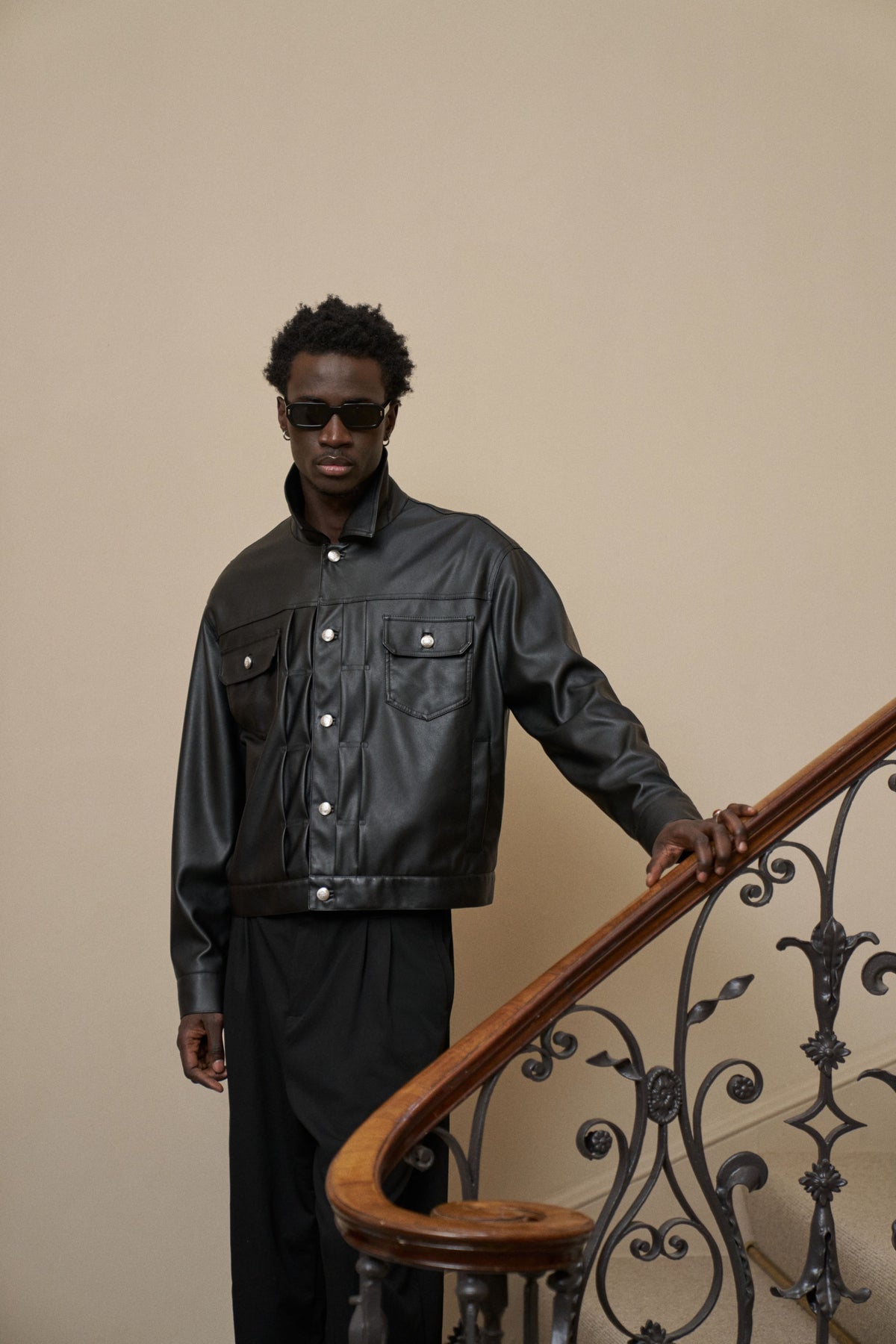 FAUX LEATHER TRUCKER JACKET - BLACK