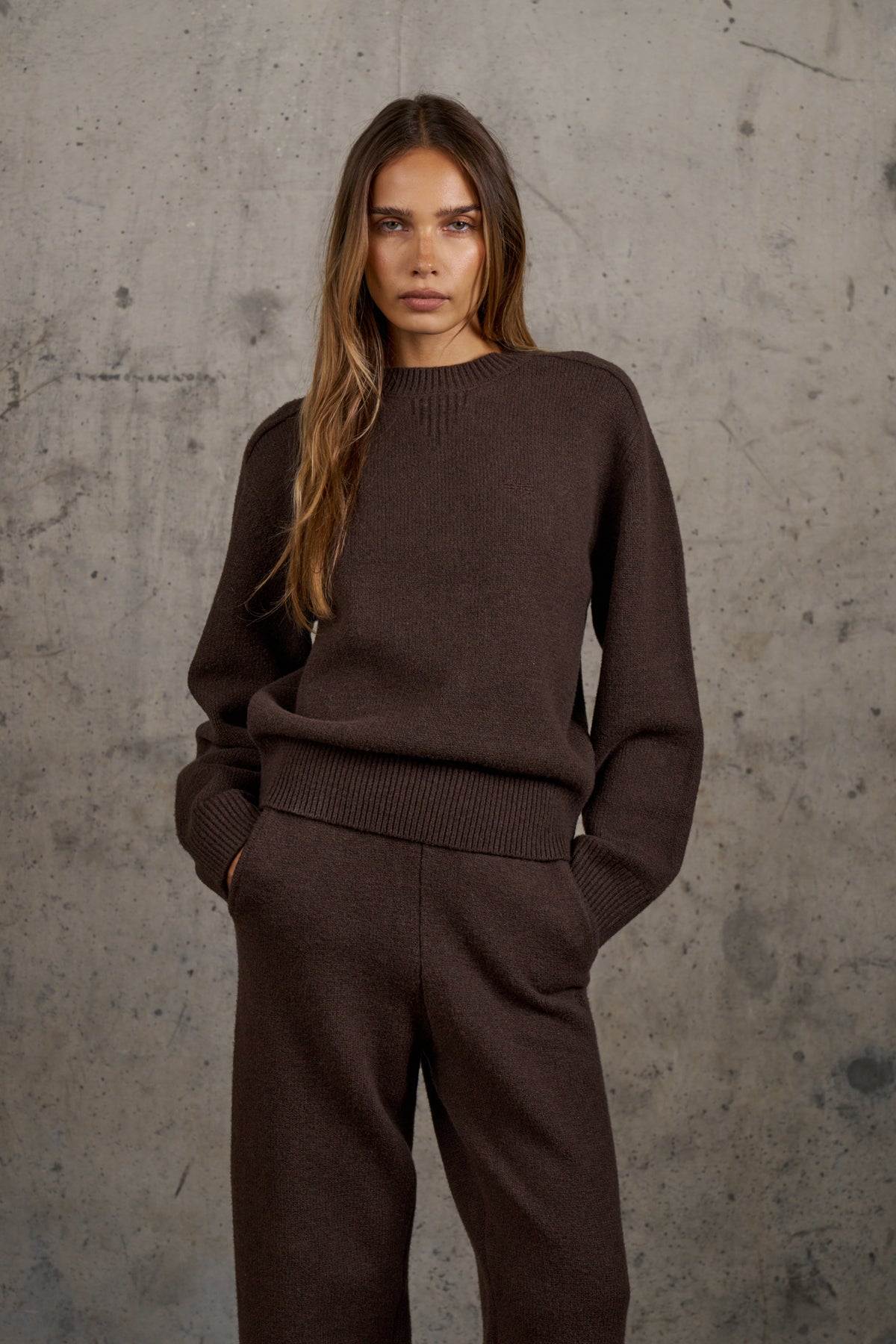 EMBLEM EMBROIDERED CREW - BROWN