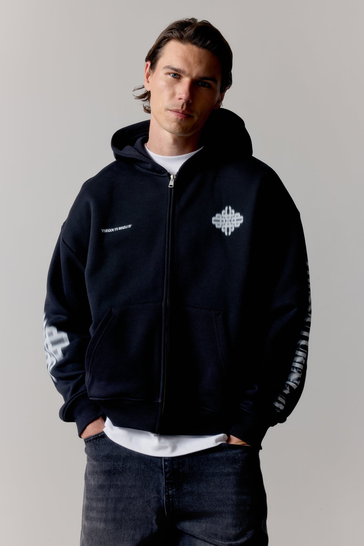 MOTION BLURRED ZIP THROUGH HOODIE - BLACK