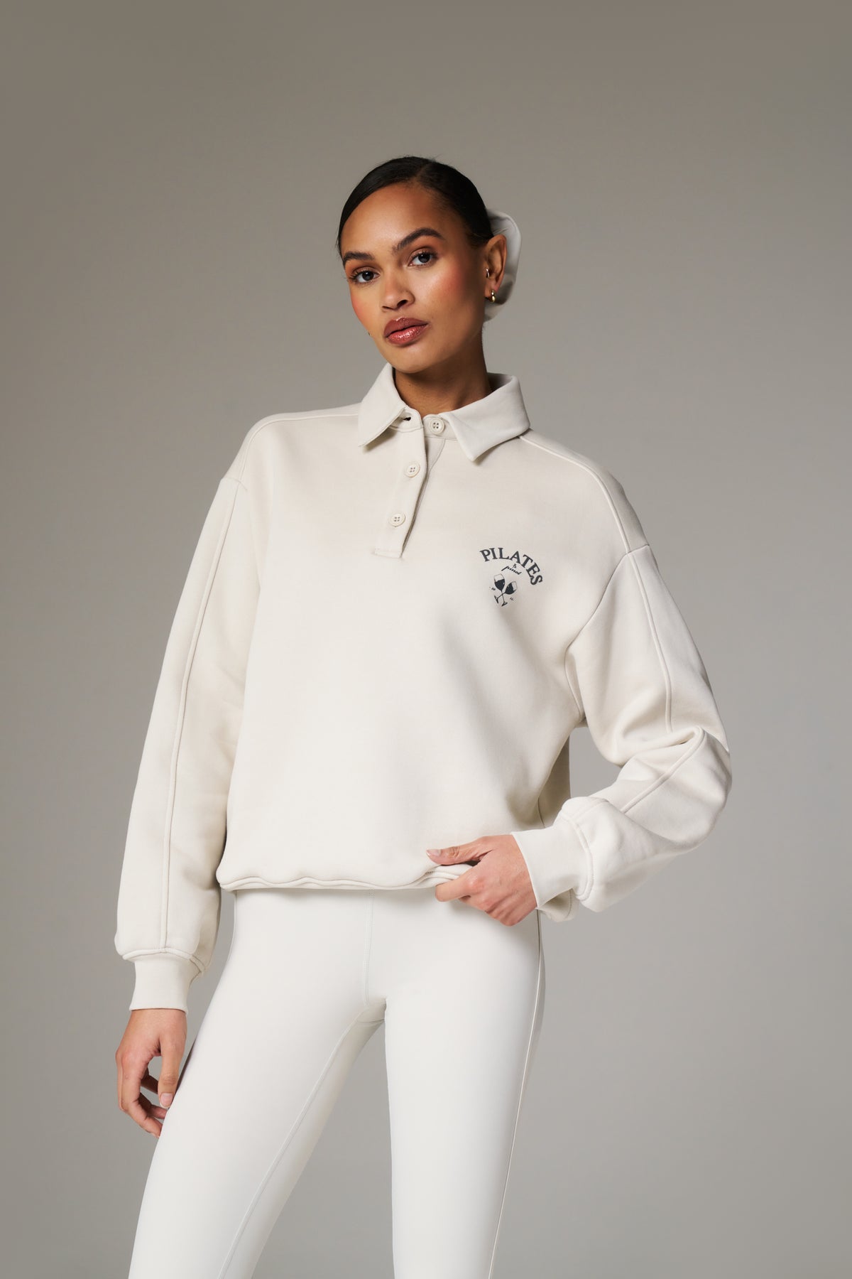 PILATES & PINOT BUTTON UP SWEATSHIRT - BONE