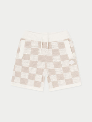 KIDS KNITTED CHECKERBOARD SHORTS - OFF WHITE