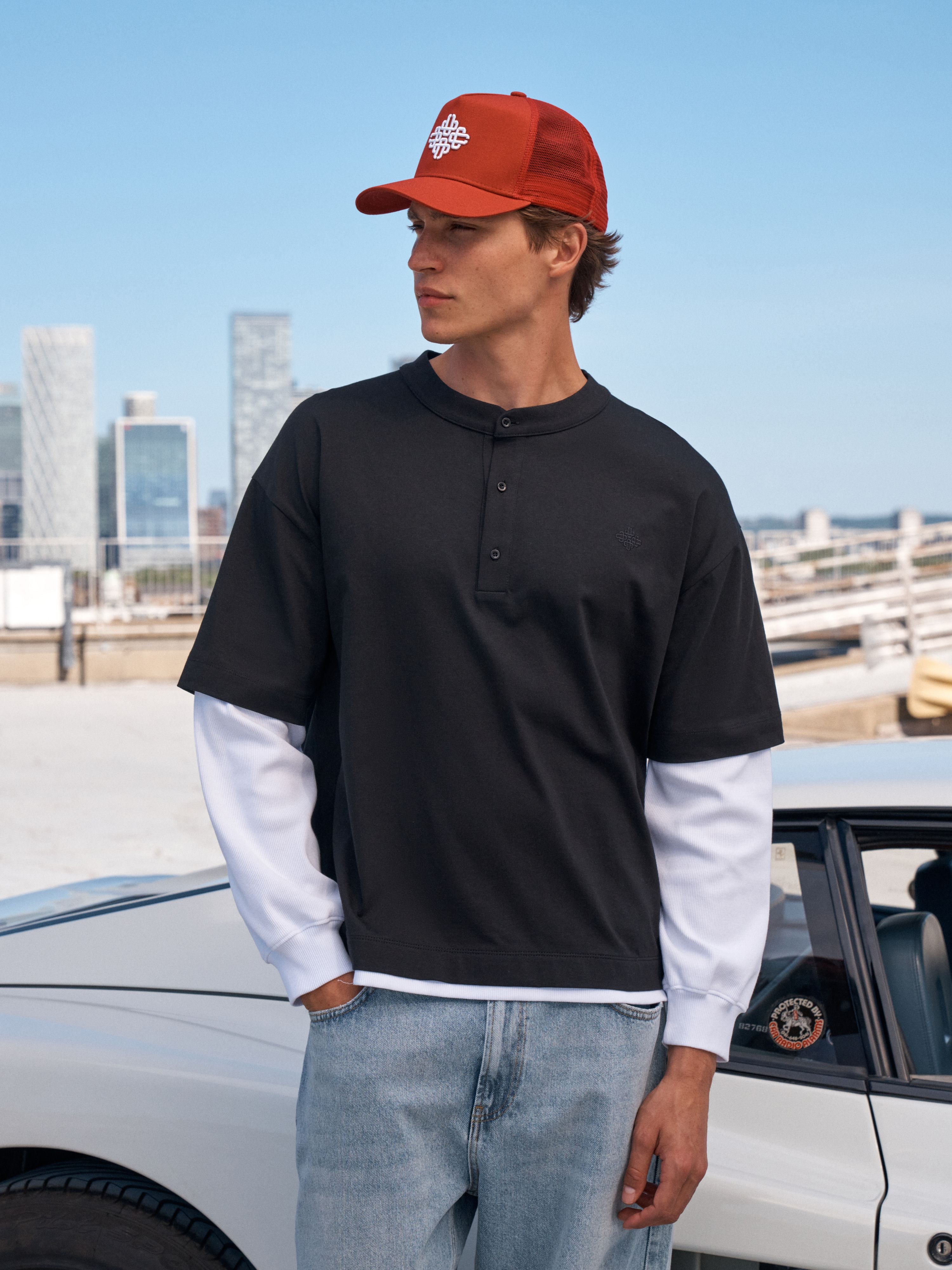 DOUBLE LAYER HENLEY LONG SLEEVE T-SHIRT - BLACK