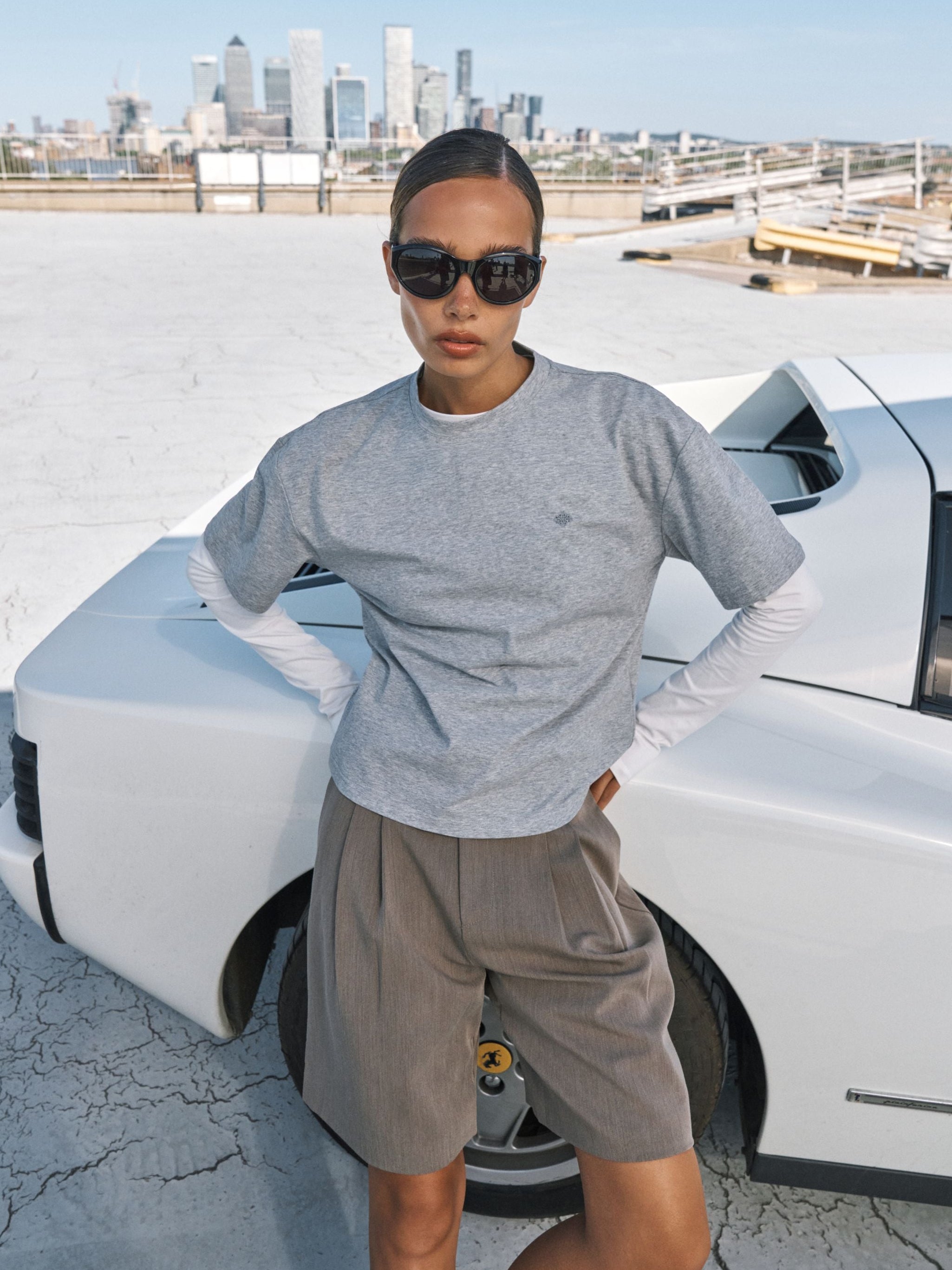 DOUBLE LAYER LONG SLEEVE T-SHIRT - GREY MARL