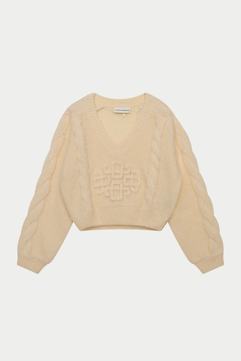 EMBLEM KNITTED V NECK JUMPER - BUTTERMILK