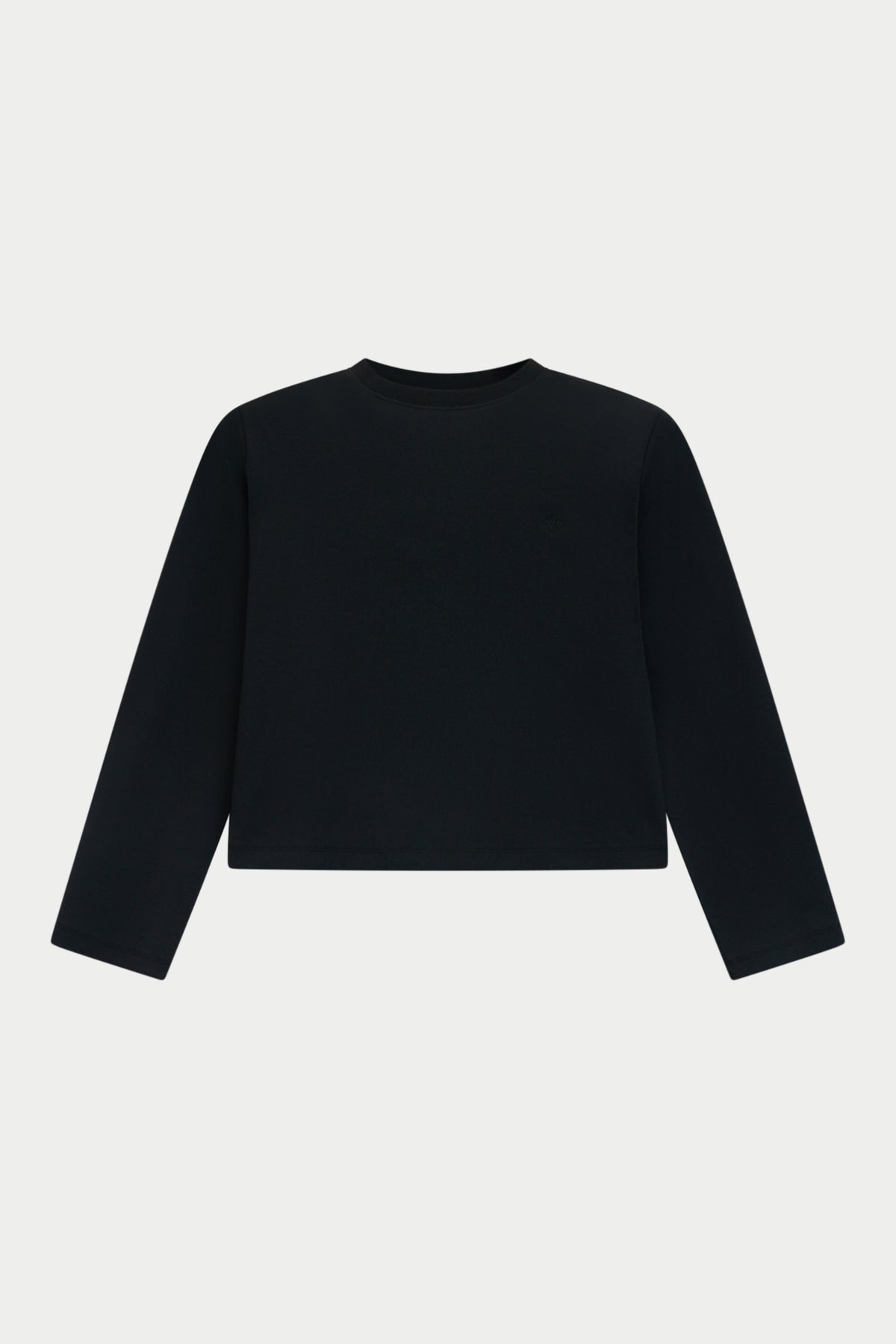 A black long-sleeve cropped top with a crew neck, displayed flat against a light gray background.