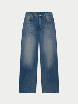 VINTAGE WASH MID RISE EMBLEM STRAIGHT LEG JEANS - BLUE WASH