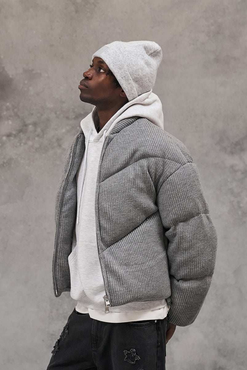 KNITTED CHEVRON PANELLED PUFFER COAT - GREY MARL – The Couture Club