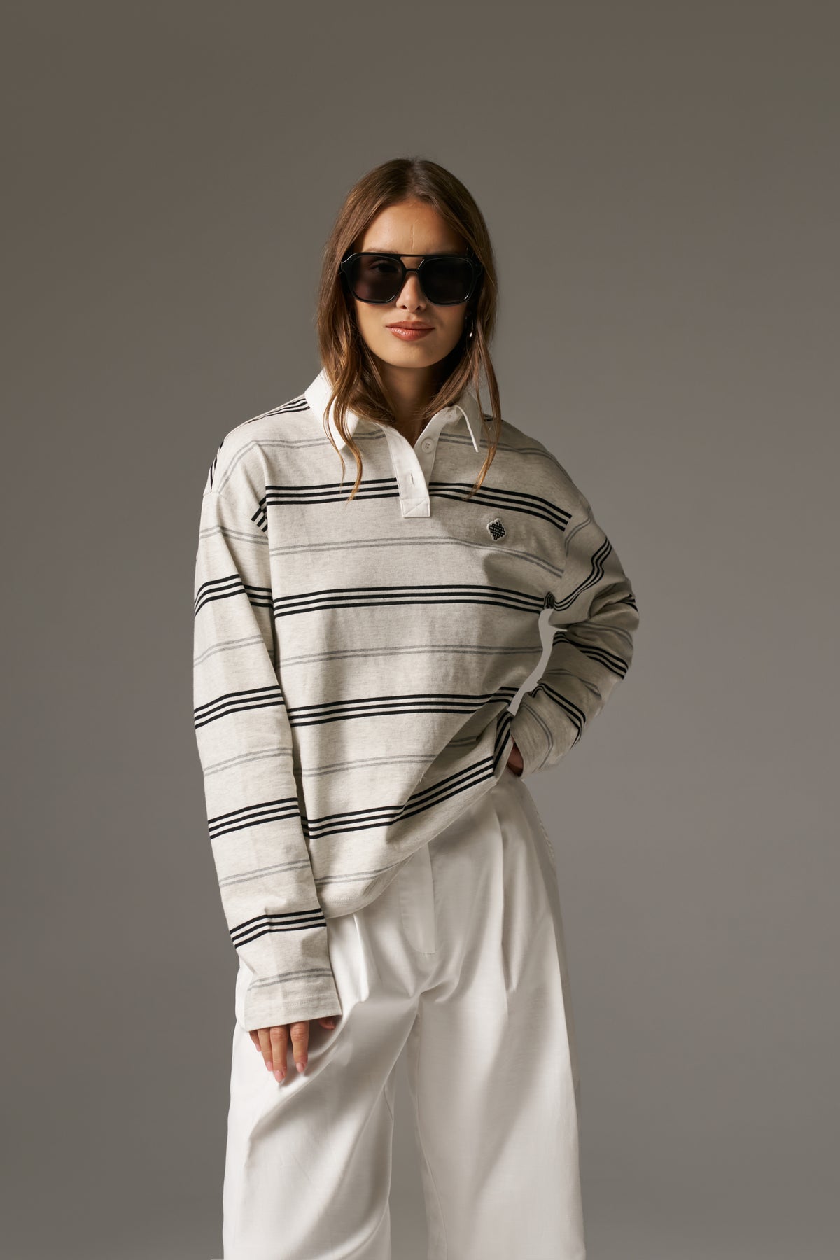 STRIPED LONG SLEEVE POLO TEE - GREY MARL