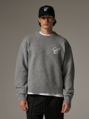 C EMBROIDERY KNITTED CREW - GREY MARL