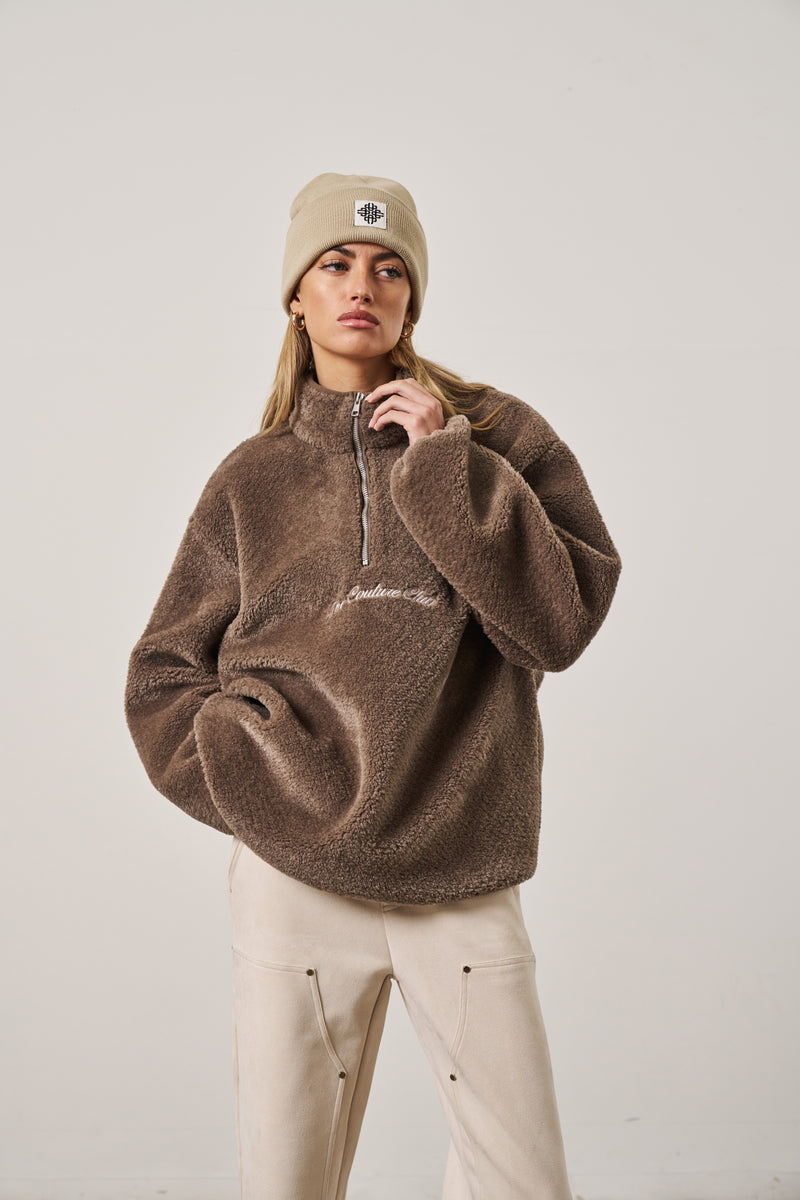 QUARTER ZIP FUNNEL NECK JUMPER BROWN The Couture Club