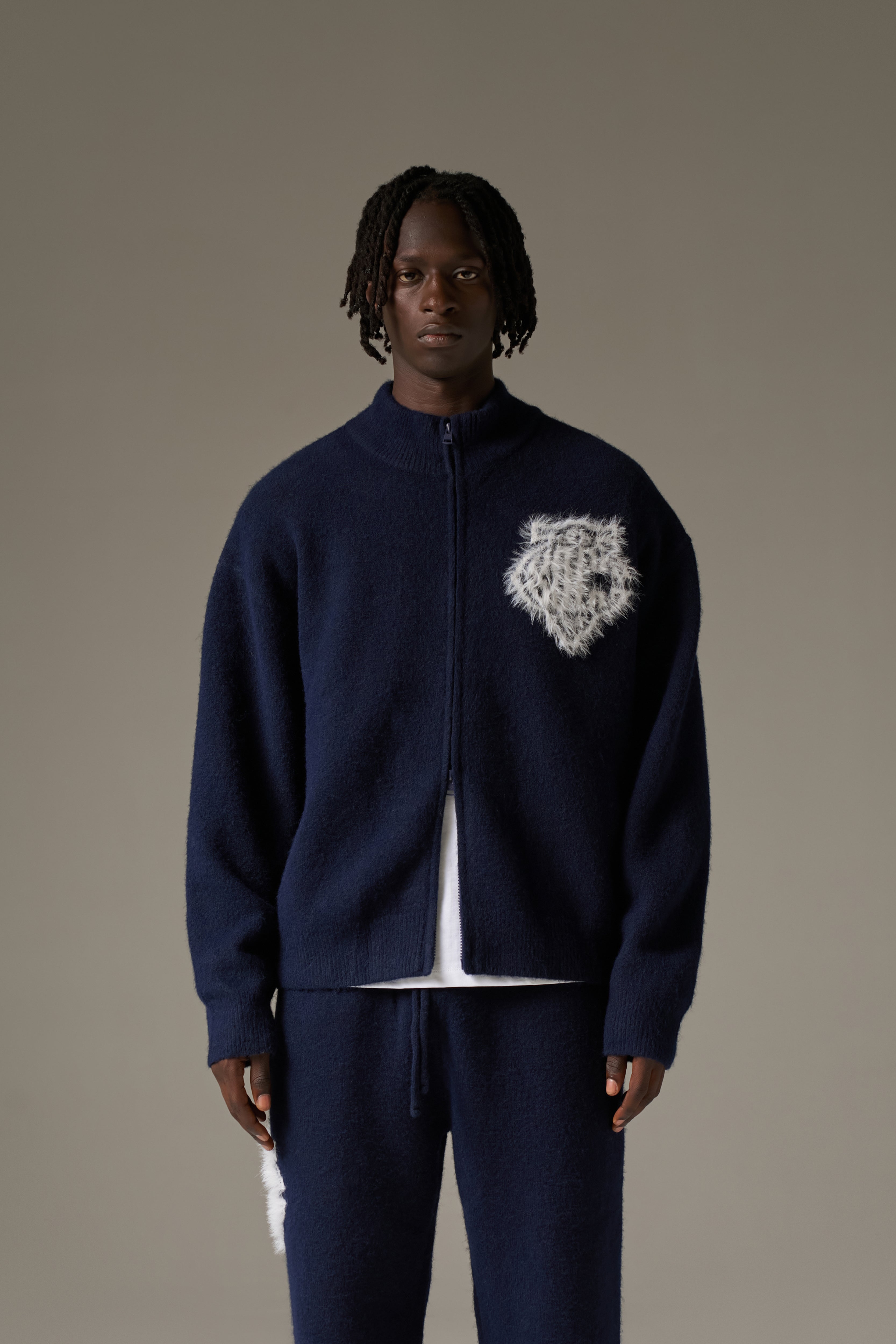 MONOGRAM FLUFFY KNIT ZIP THROUGH - NAVY