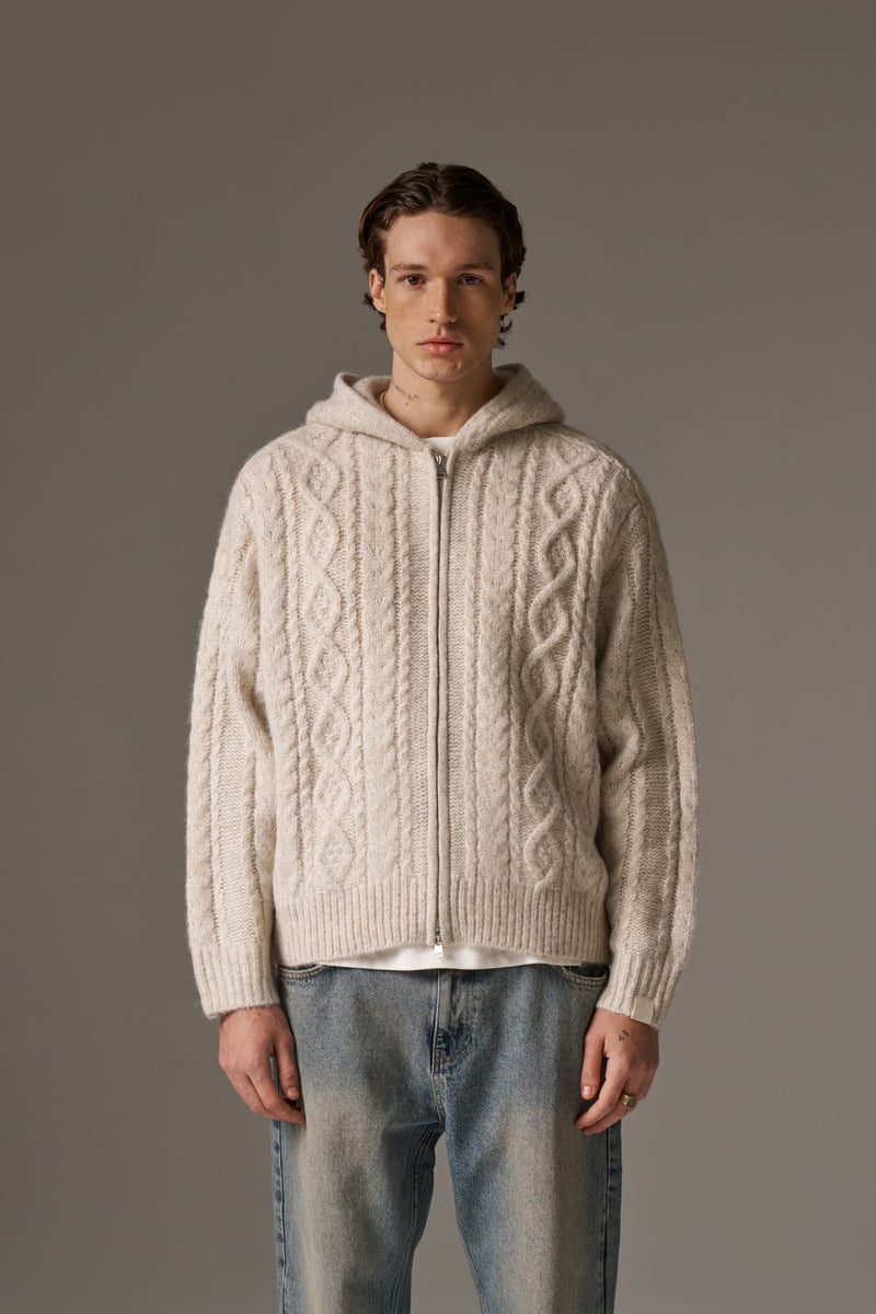 CABLE KNIT ZIP THROUGH HOODIE - STONE – The Couture Club