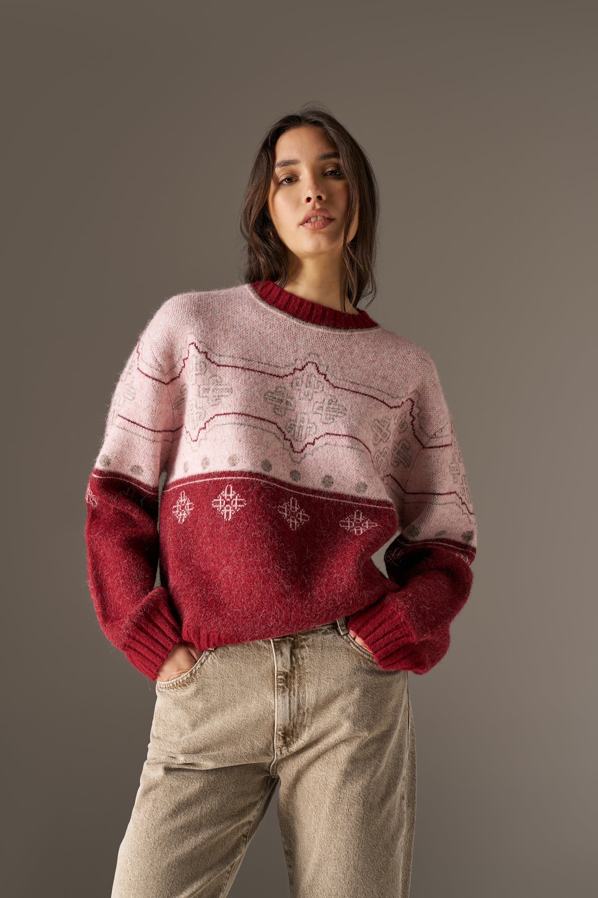 EMBLEM FAIR ISLE KNITTED JUMPER - BURGUNDY