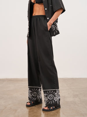 PALM PRINT EMBROIDERY WIDE LEG TROUSERS - BLACK