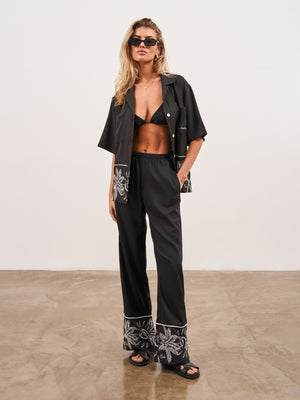 PALM EMBROIDERY WIDE LEG TROUSERS - BLACK