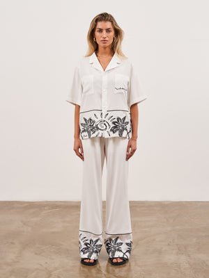 PALM PRINT EMBROIDERY WIDE LEG TROUSERS - WHITE