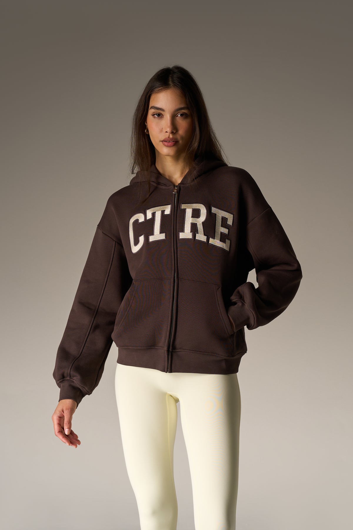 EMBROIDERED CTRE ZIP THROUGH HOODIE - CHOCOLATE