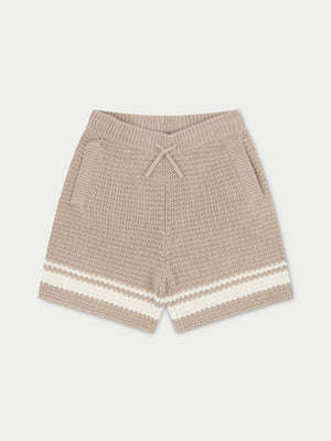 KIDS CROCHET KNITTED CONTRAST STRIPE SHORTS - BROWN