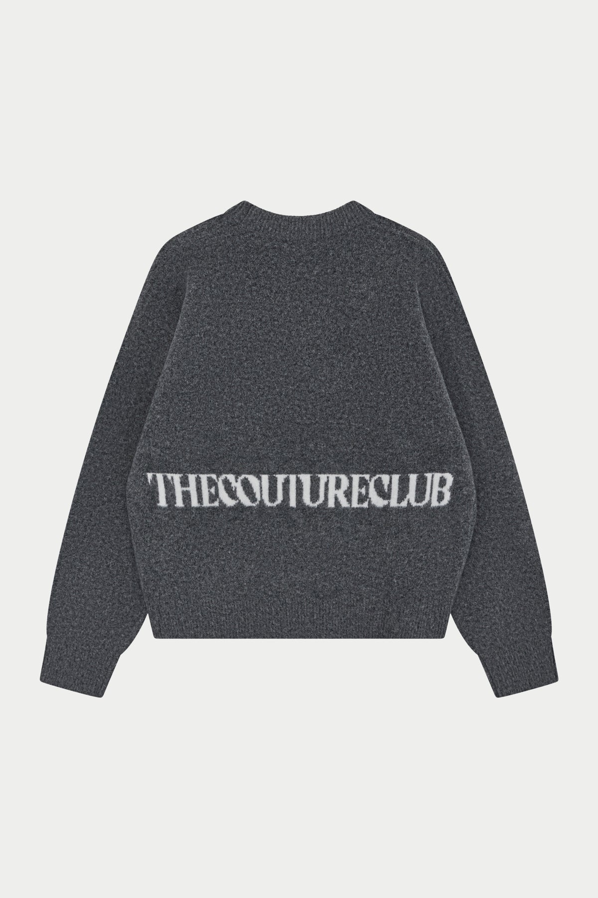 Men's Copyright Brushed Knit Jumper in Charcoal – flat lay back view showing the wordmark