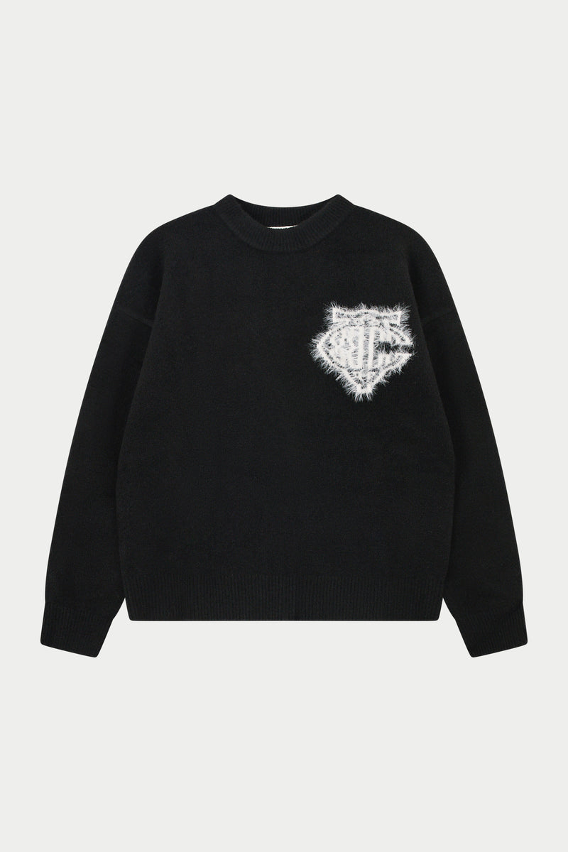 MONOGRAM FLUFFY KNIT CREW - BLACK
