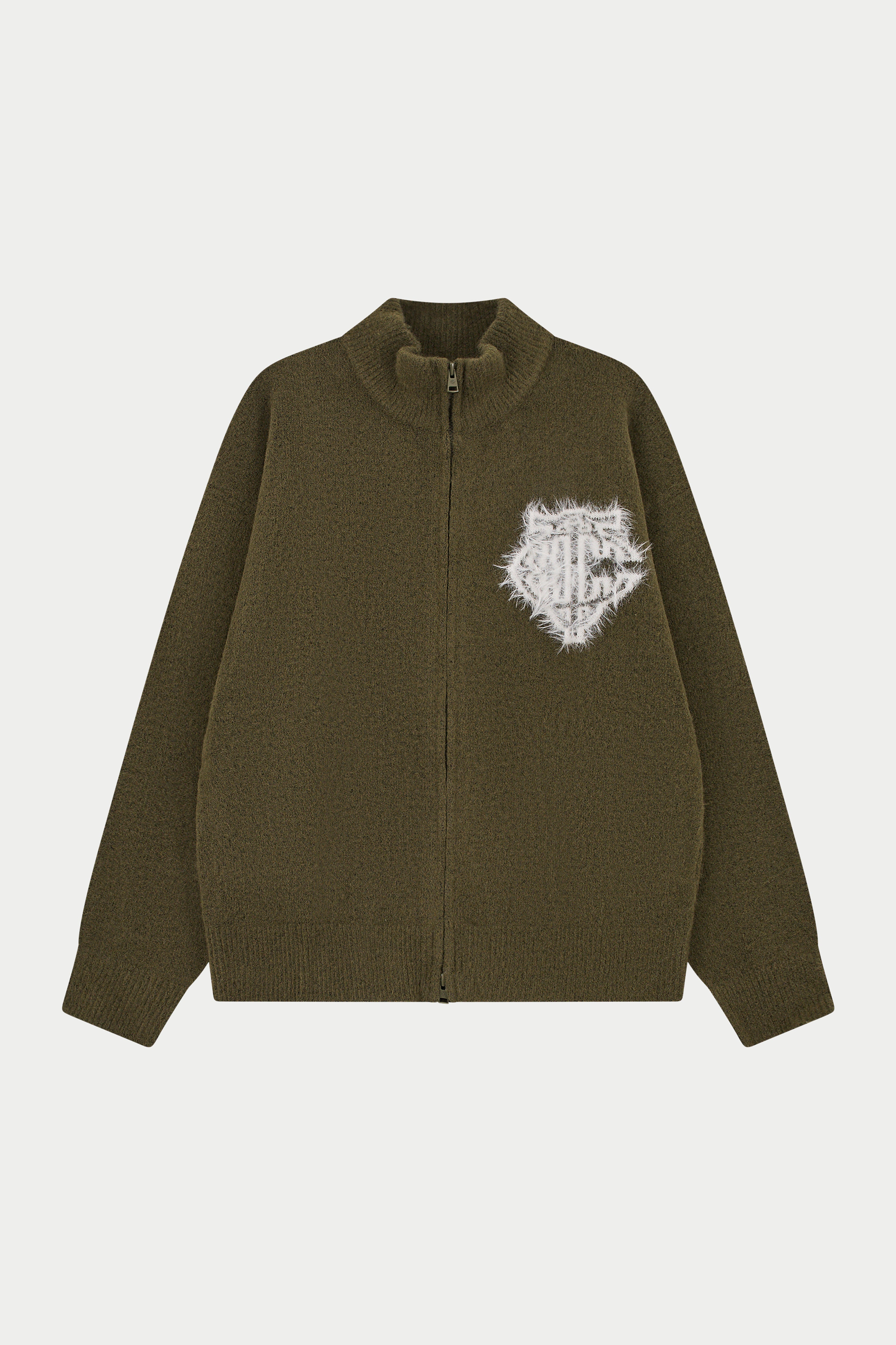 MONOGRAM FLUFFY KNIT ZIP THROUGH - KHAKI | The Couture Club