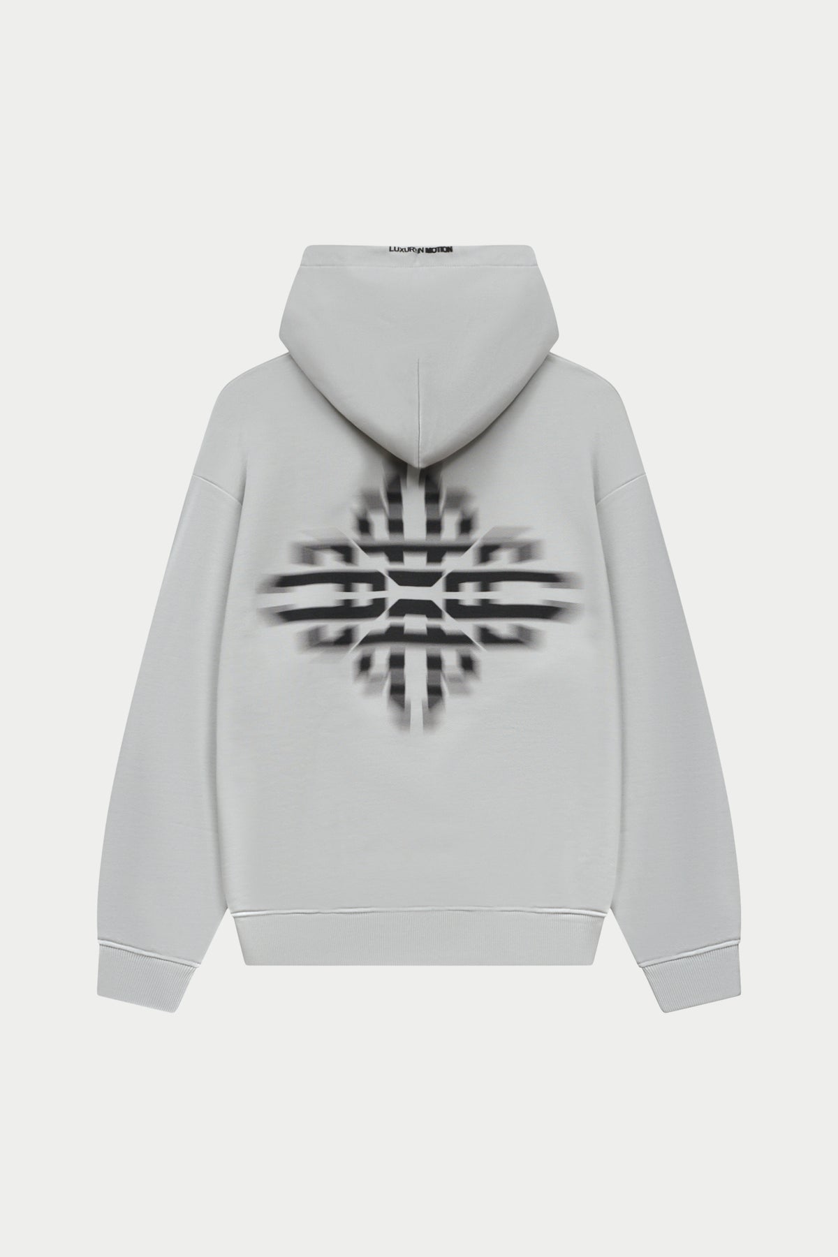 Grey hoodie with a black logo on the back against a white background