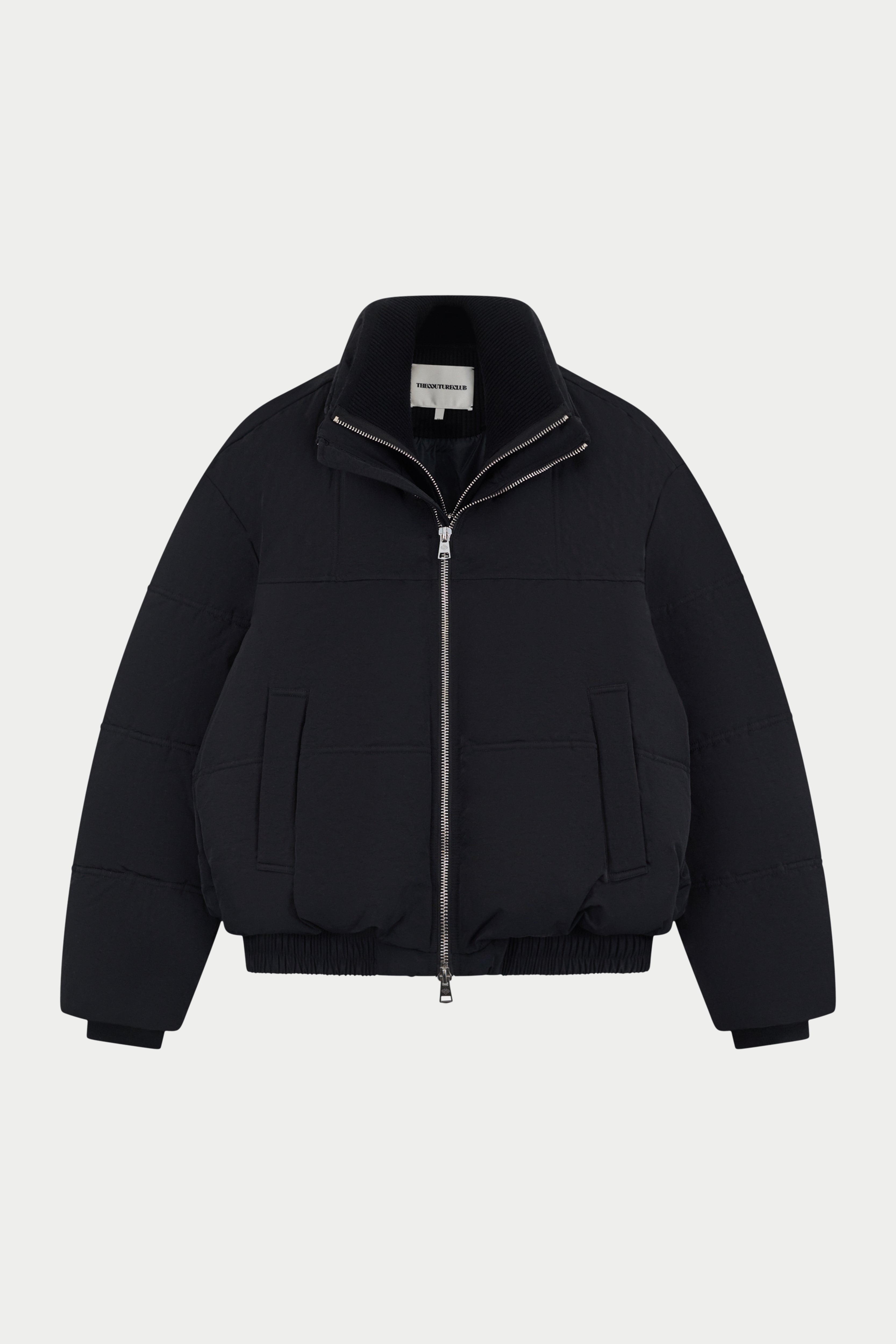 KNITTED PANEL PUFFER COAT - BLACK