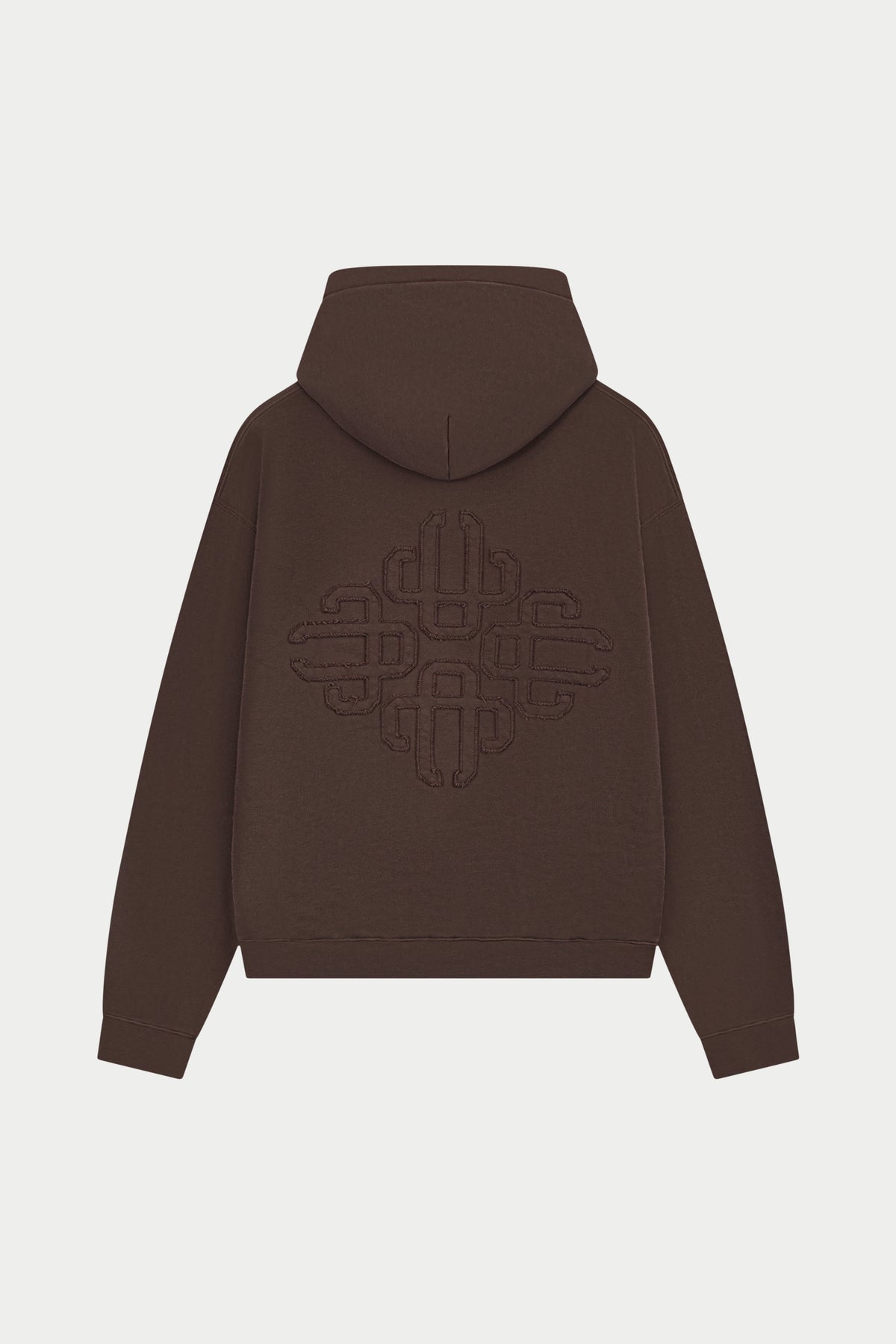 DISTRESSED EMBLEM APPLIQUE HOODIE - BROWN