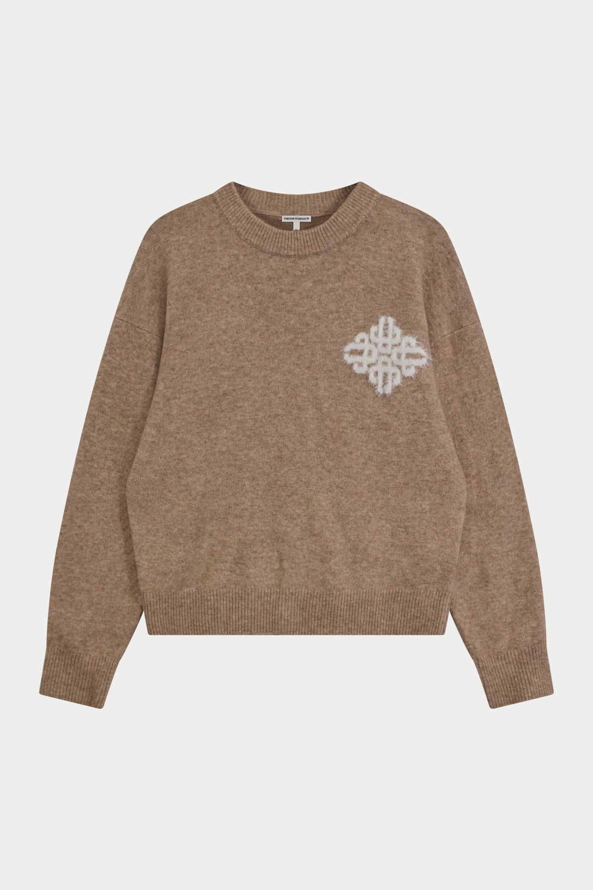 Unisex Emblem Fluffy Knit Crew in Beige – flat lay front view showing the emblem
