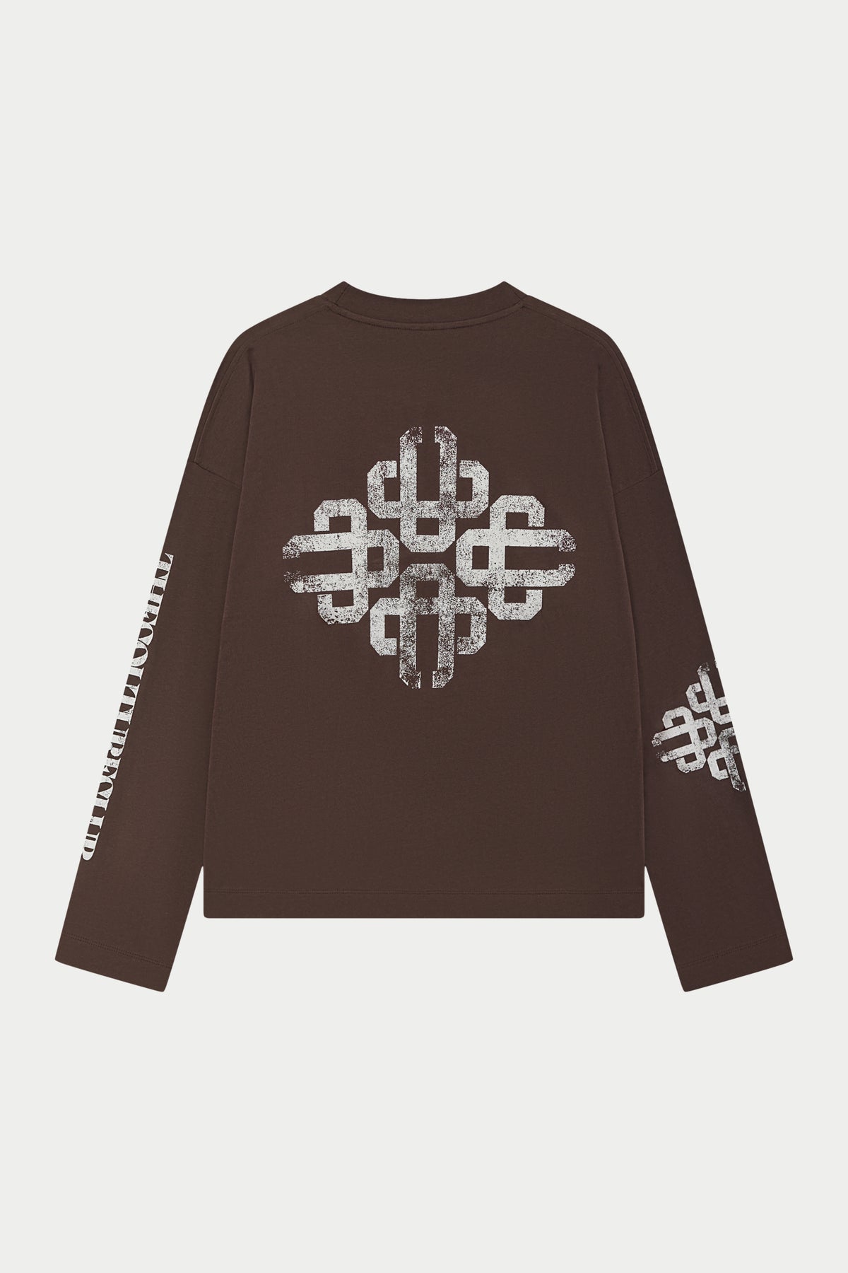 Men's Vintage Copyright Print Long Sleeve T-Shirt in Brown Off White – flat lay back view showing the large emblem print