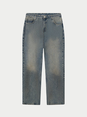 VINTAGE WASHED EMBLEM STRAIGHT LEG JEANS - BLUE WASH